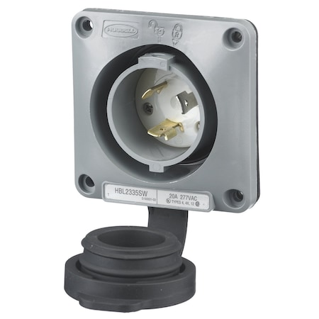 Hubbell Wiring Device-Kellems Watertight Flanged Locking Inlet, 20 A, 277V AC, Single Phase, 2 Pole, Screw Terminals, Gray HBL2335SW